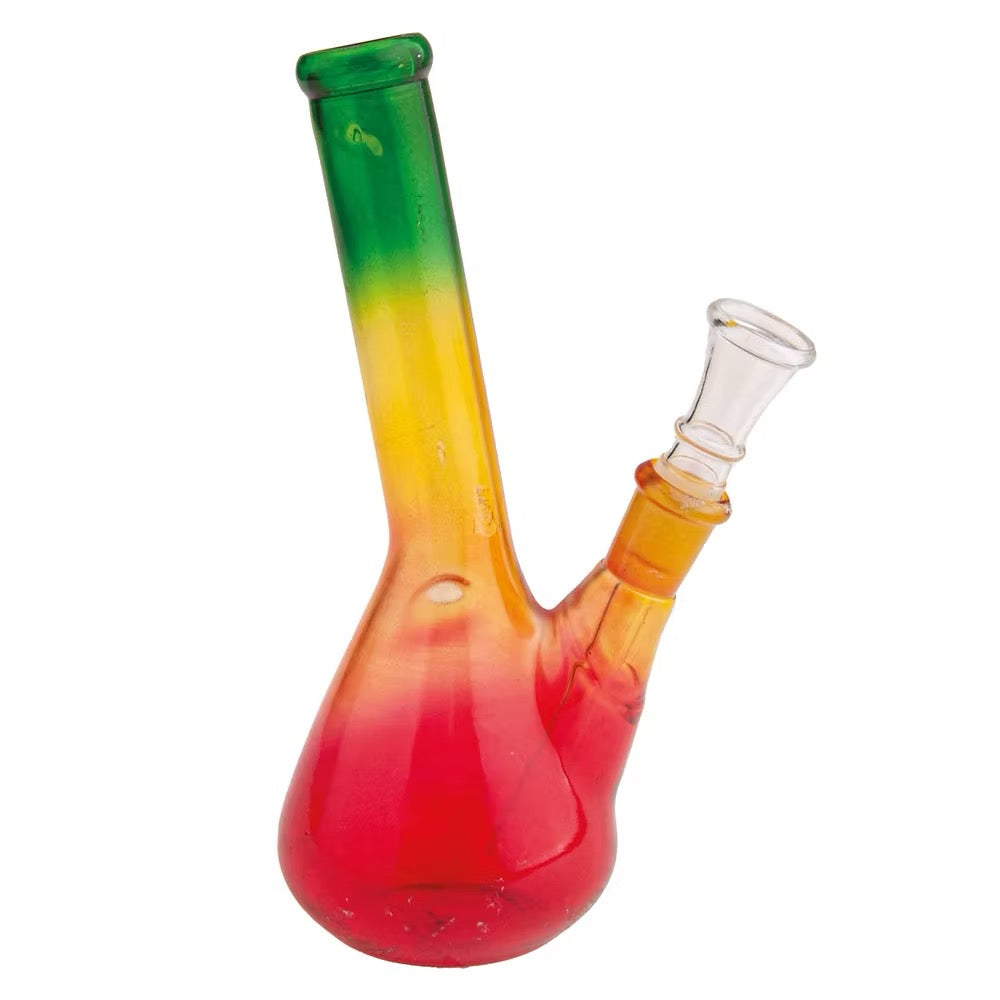 Rastafari Small Glass Bong Bent Shaft 18 cm mit grünem Hanfblatt-Motiv und gebogenem Hals